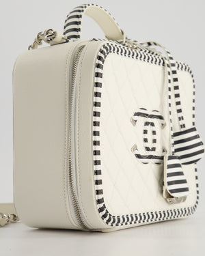 *HOT* Chanel White Caviar Vanity Case with Zebra Motif CC Logo and Silver Hardware
