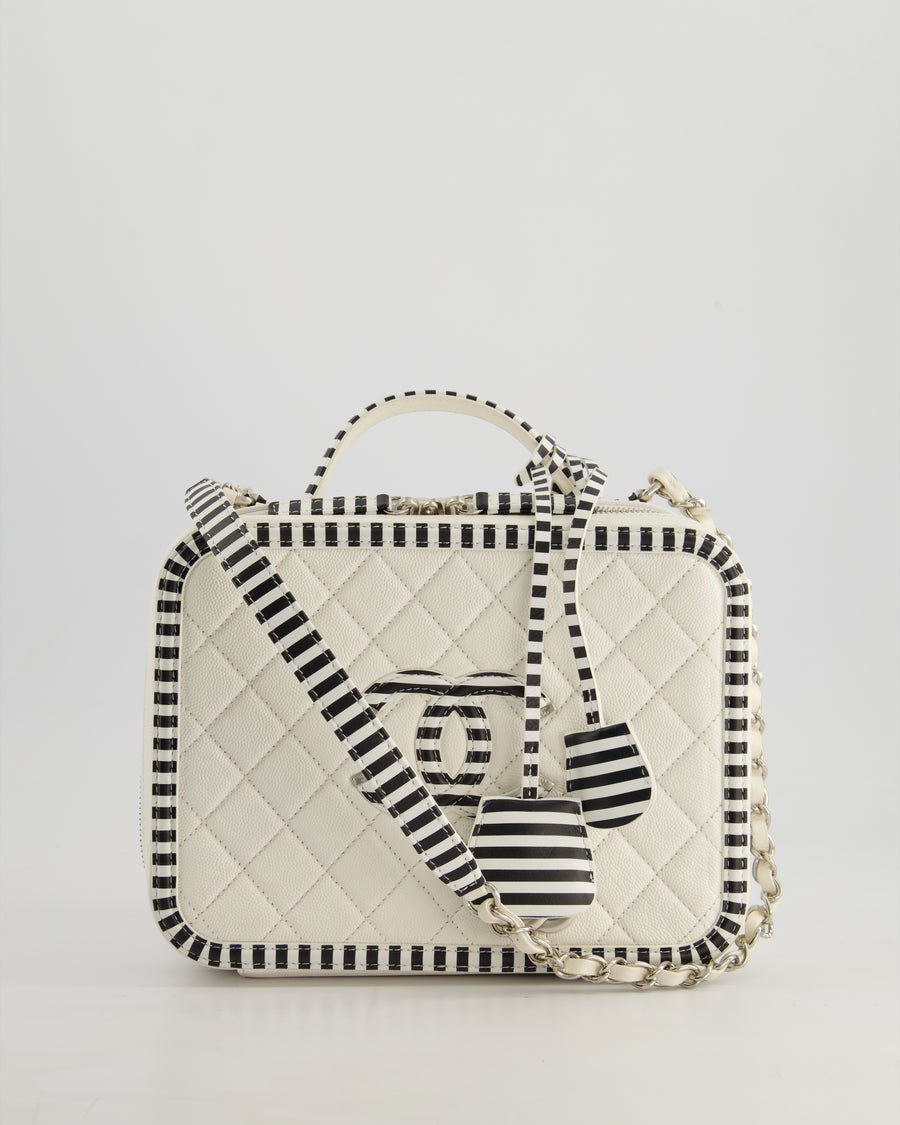 *HOT* Chanel White Caviar Vanity Case with Zebra Motif CC Logo and Silver Hardware