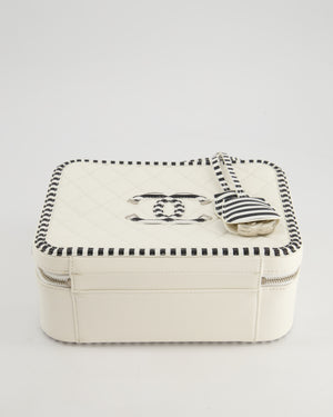 *HOT* Chanel White Caviar Vanity Case with Zebra Motif CC Logo and Silver Hardware