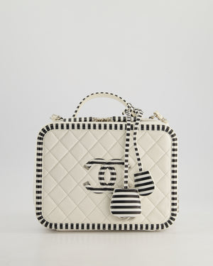 *HOT* Chanel White Caviar Vanity Case with Zebra Motif CC Logo and Silver Hardware