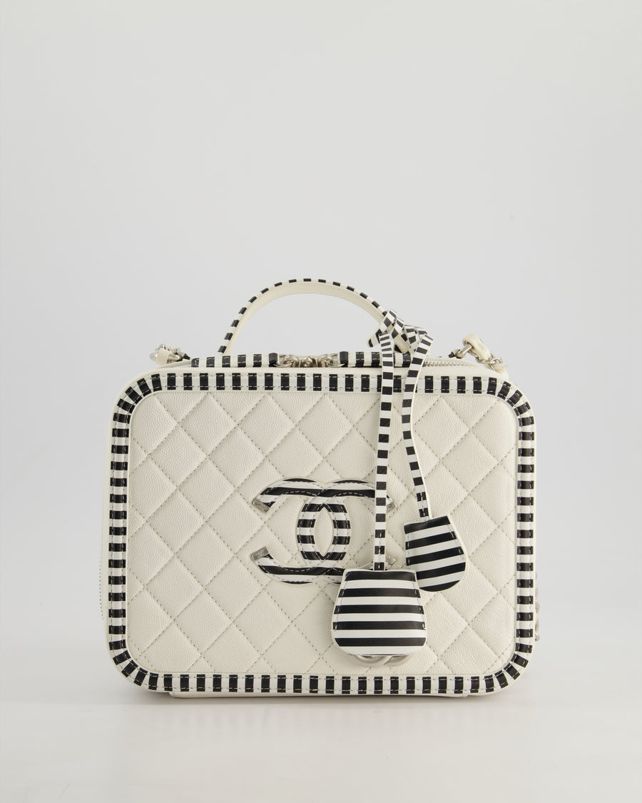 *HOT* Chanel White Caviar Vanity Case with Zebra Motif CC Logo and Silver Hardware