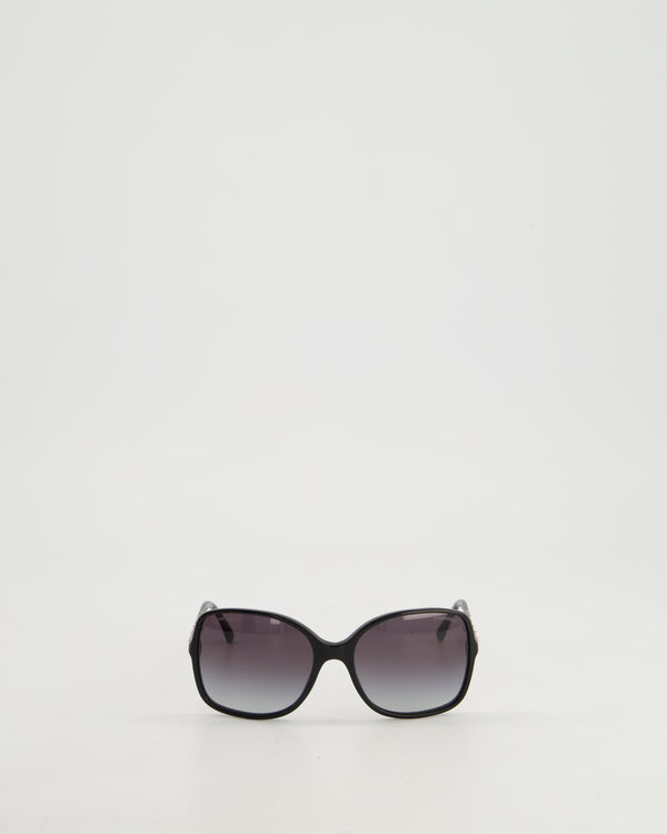 Chanel Black Square Frame Sunglasses With Silver and Pink Woven Patent Leather Chain Detail