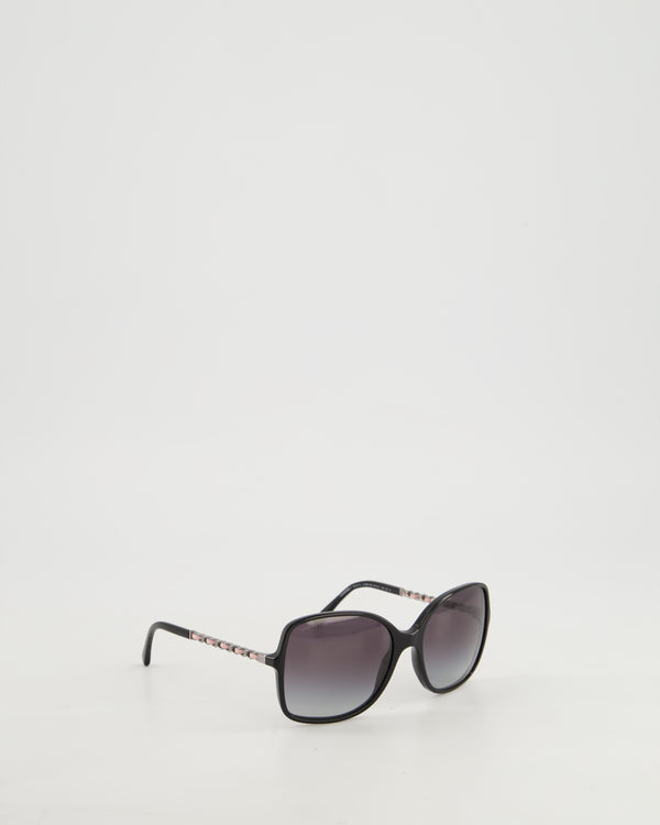 Chanel Black Square Frame Sunglasses With Silver and Pink Woven Patent Leather Chain Detail