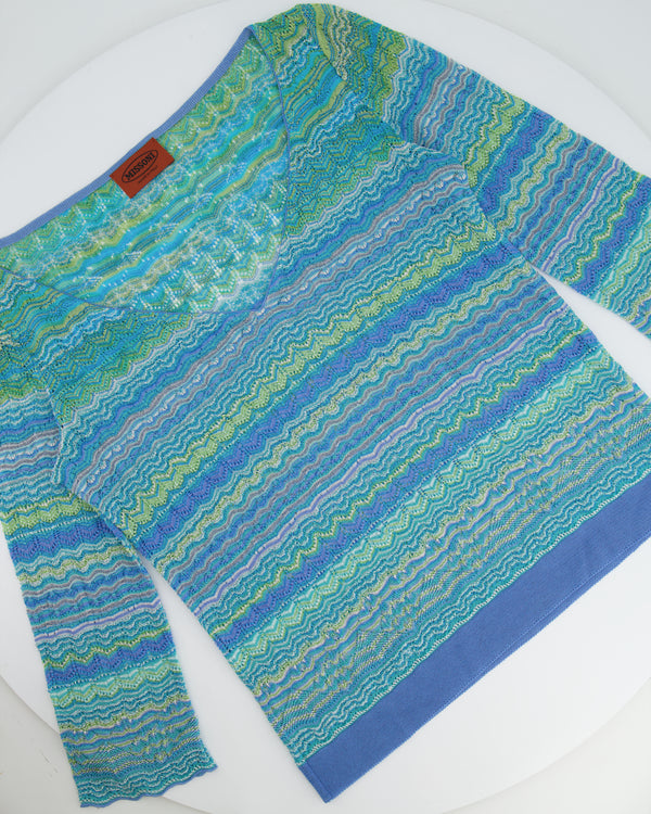 Missoni Blue and Green Metallic Long Sleeve Top Size UK 8/10