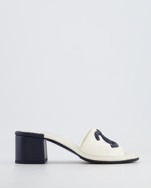 Chanel White and Navy Braided CC Logo Heeled Mules Size EU 38