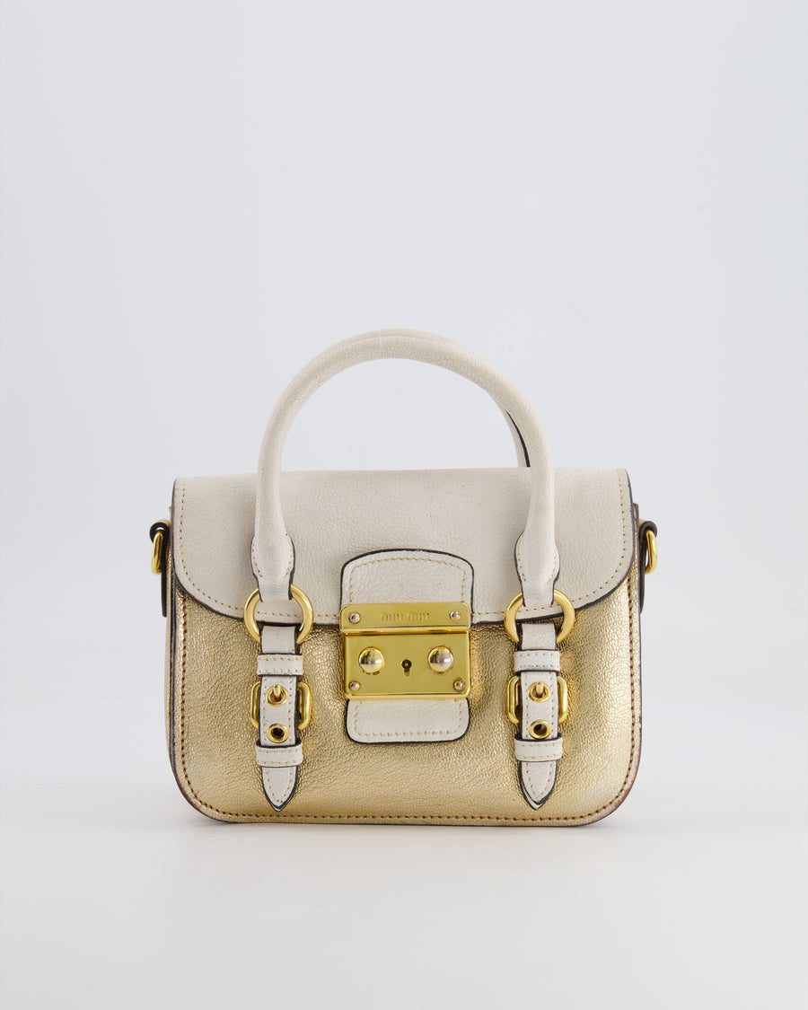 Miu Miu Metallic Gold and White Leather Small Crossbody Bag with Gold Hardware
