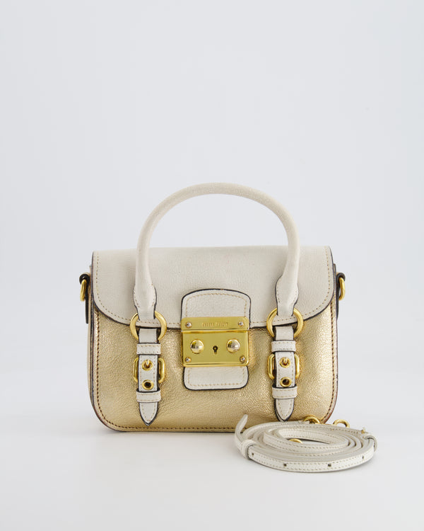 Miu Miu Metallic Gold and White Leather Small Crossbody Bag with Gold Hardware