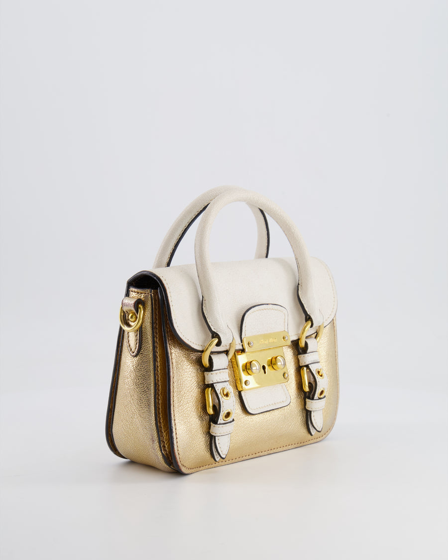 Miu Miu Metallic Gold and White Leather Small Crossbody Bag with Gold Hardware
