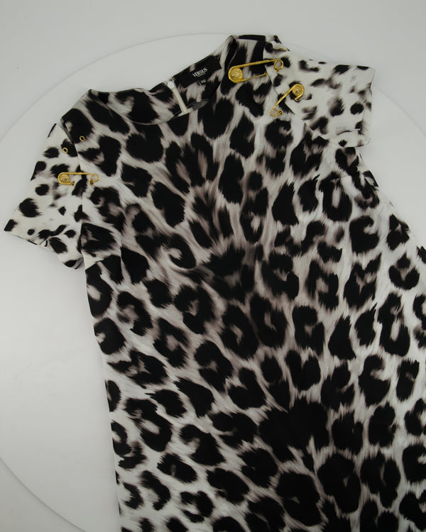 Versus Versace Black, White Leopard Print Dress with Gold Pin Detail Size IT 38 (UK 6)
