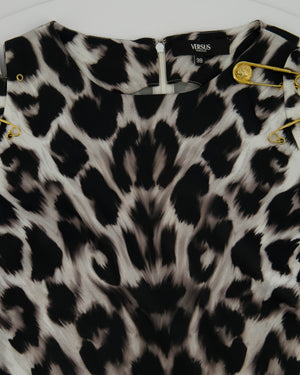 Versus Versace Black, White Leopard Print Dress with Gold Pin Detail Size IT 38 (UK 6)