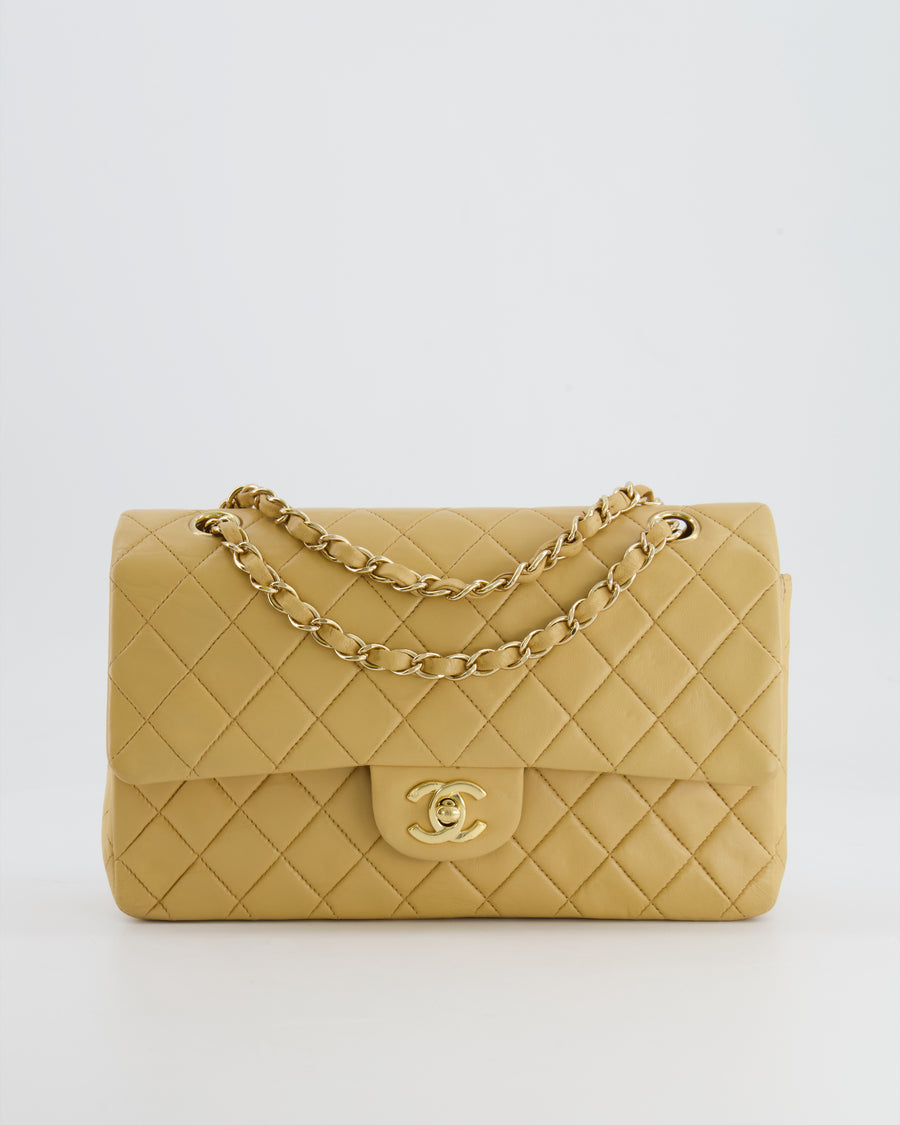 Chanel Beige Vintage Classic Medium Double Flap Bag in Lambskin Leather with 24K Gold Hardware