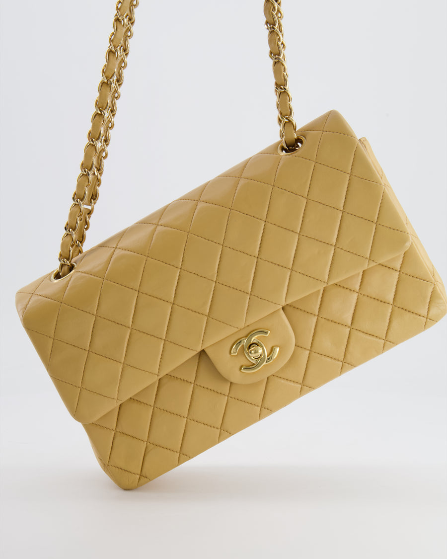 Chanel Beige Vintage Classic Medium Double Flap Bag in Lambskin Leather with 24K Gold Hardware