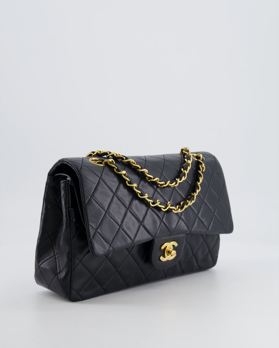 Chanel Black Vintage Classic Medium Double Flap Bag in Lambskin Leather with 24K Gold Hardware