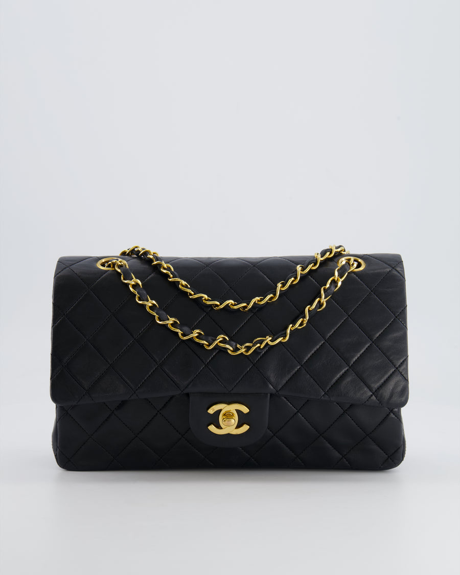 Chanel Black Vintage Classic Medium Double Flap Bag in Lambskin Leather with 24K Gold Hardware