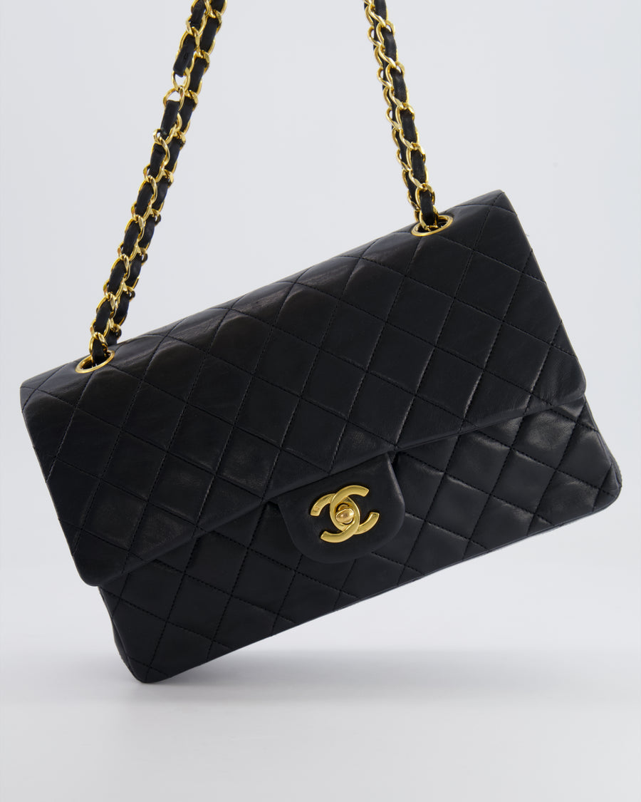 Chanel Black Vintage Classic Medium Double Flap Bag in Lambskin Leather with 24K Gold Hardware