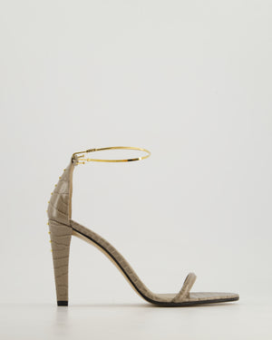 Fendi Filo Grey Embossed Sandal Heels with Gold Ankle Strap Detail Size EU 38
