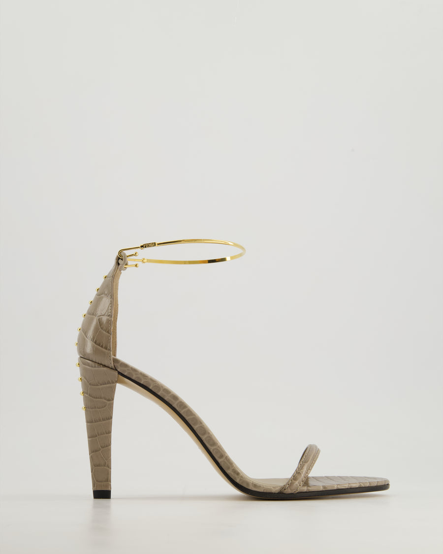 Fendi Filo Grey Embossed Sandal Heels with Gold Ankle Strap Detail Size EU 38