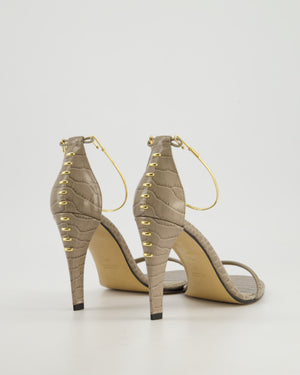 Fendi Filo Grey Embossed Sandal Heels with Gold Ankle Strap Detail Size EU 38