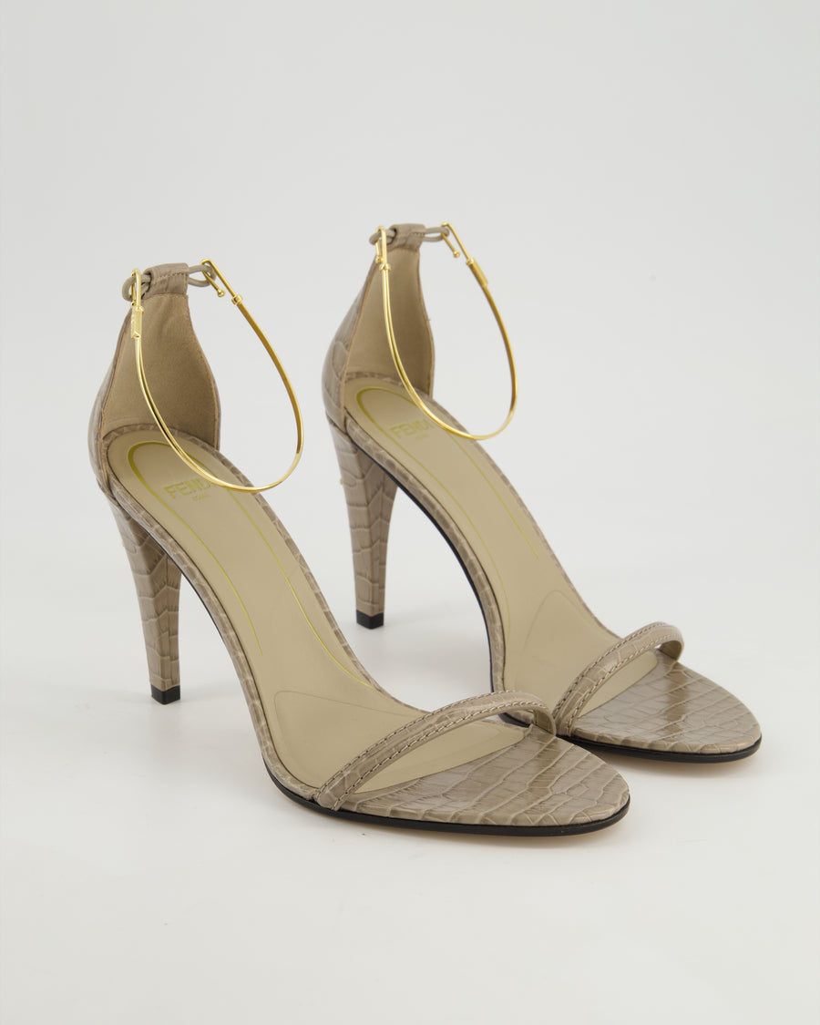 Fendi Filo Grey Embossed Sandal Heels with Gold Ankle Strap Detail Size EU 38