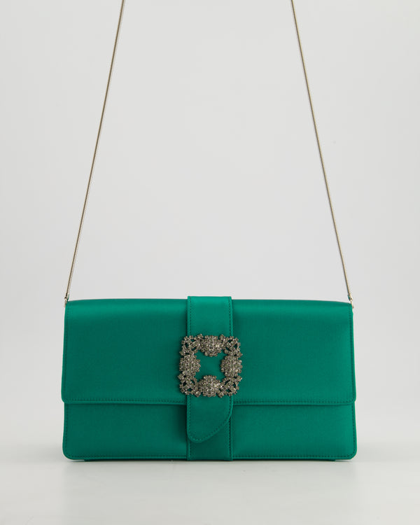 Manolo Blahnik Green Satin Clutch Bag with Crystal Brooch Detail