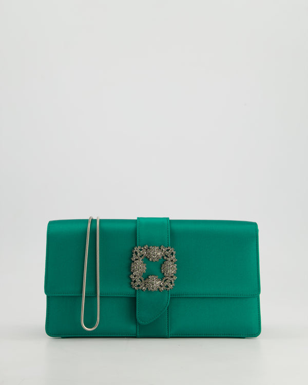 Manolo Blahnik Green Satin Clutch Bag with Crystal Brooch Detail
