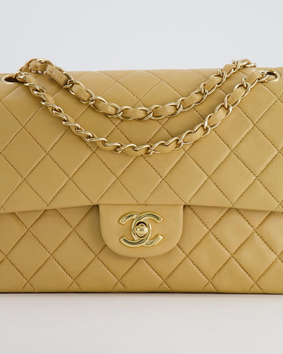 Chanel Beige Vintage Classic Medium Double Flap Bag in Lambskin Leather with 24K Gold Hardware
