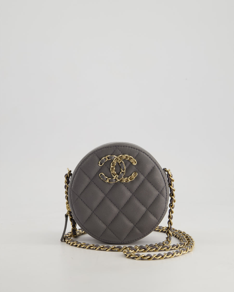 Chanel Storm Grey Round Crossbody Bag CC Logo in Caviar Leather with Champagne Gold Hardware