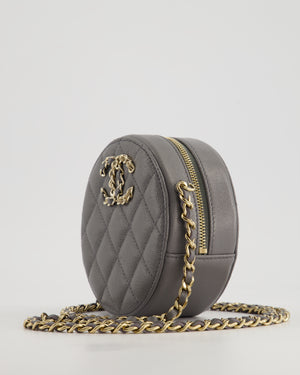 Chanel Storm Grey Round Crossbody Bag CC Logo in Caviar Leather with Champagne Gold Hardware