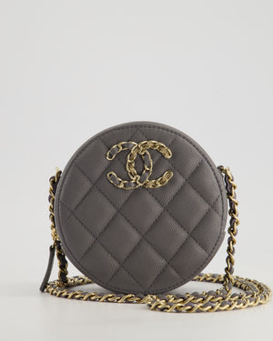 Chanel Storm Grey Round Crossbody Bag CC Logo in Caviar Leather with Champagne Gold Hardware
