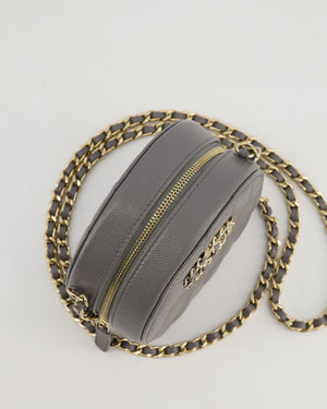 Chanel Storm Grey Round Crossbody Bag CC Logo in Caviar Leather with Champagne Gold Hardware