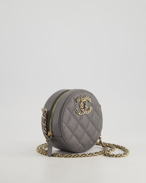 Chanel Storm Grey Round Crossbody Bag CC Logo in Caviar Leather with Champagne Gold Hardware