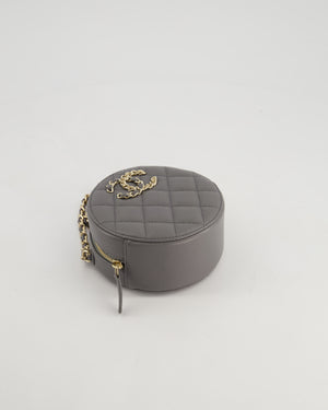 Chanel Storm Grey Round Crossbody Bag CC Logo in Caviar Leather with Champagne Gold Hardware