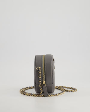 Chanel Storm Grey Round Crossbody Bag CC Logo in Caviar Leather with Champagne Gold Hardware