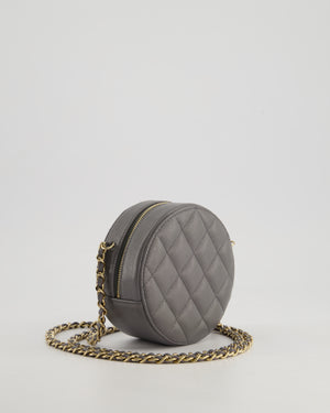 Chanel Storm Grey Round Crossbody Bag CC Logo in Caviar Leather with Champagne Gold Hardware