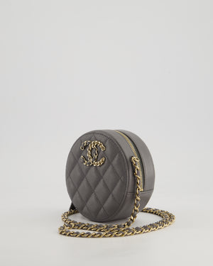 Chanel Storm Grey Round Crossbody Bag CC Logo in Caviar Leather with Champagne Gold Hardware
