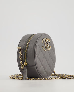 Chanel Storm Grey Round Crossbody Bag CC Logo in Caviar Leather with Champagne Gold Hardware