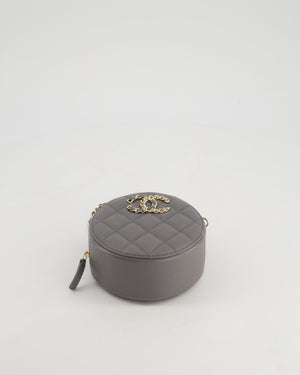 Chanel Storm Grey Round Crossbody Bag CC Logo in Caviar Leather with Champagne Gold Hardware