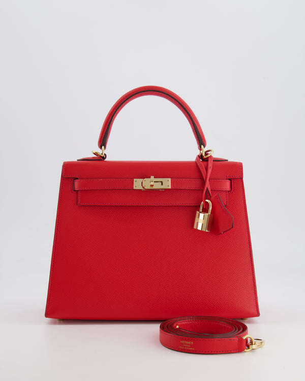 *FIRE PRICE* Hermès Kelly Sellier HSS 25cm Bag in Rouge Tomate Epsom Leather, Rose Jaipur Chèvre Interior with Permabrass Hardware & Contrast Stitching