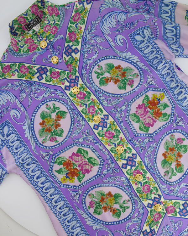 Gianni Versace Couture 90's Purple and Multicolour Silk Floral Lace Baroque Shirt with Gold Buttons Size IT 44 (UK 12)