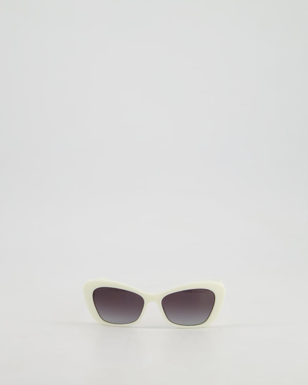 Chanel Cream Cat-Eye Frame Sunglasses With Black Lens and Pearl Detail