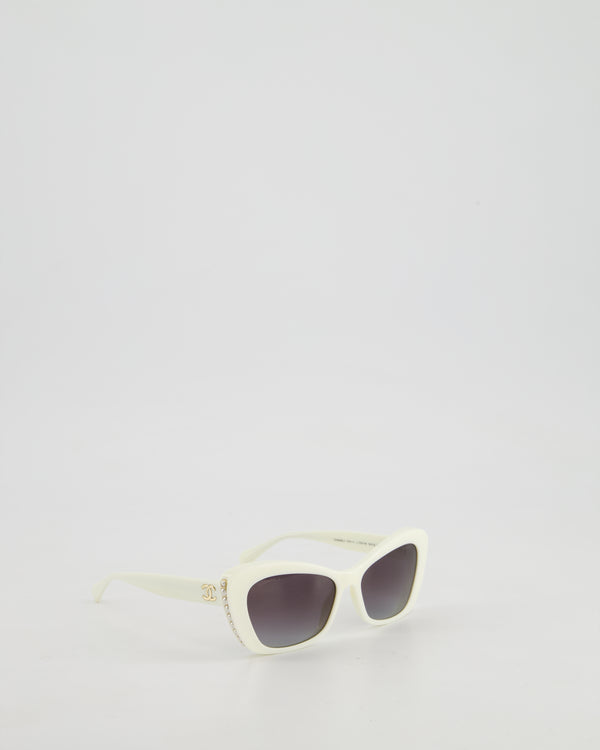 Chanel Cream Cat-Eye Frame Sunglasses With Black Lens and Pearl Detail