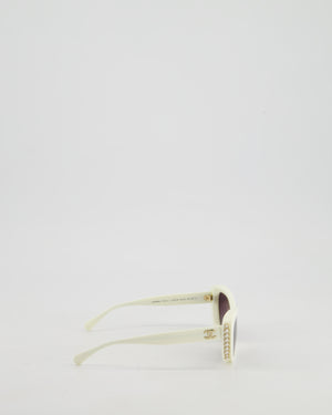 Chanel Cream Cat-Eye Frame Sunglasses With Black Lens and Pearl Detail