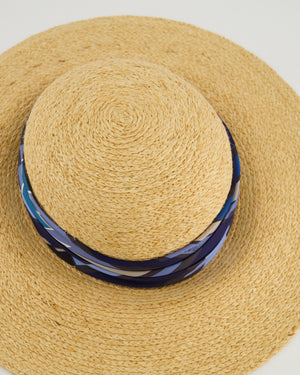 Hermès Beige Raffia Woven Hat with Blue Silk Detail Size 57