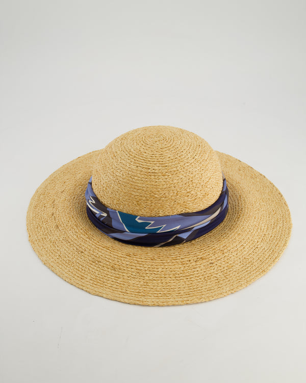 Hermès Beige Raffia Woven Hat with Blue Silk Detail Size 57