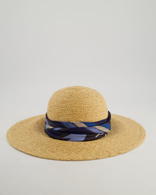 Hermès Beige Raffia Woven Hat with Blue Silk Detail Size 57