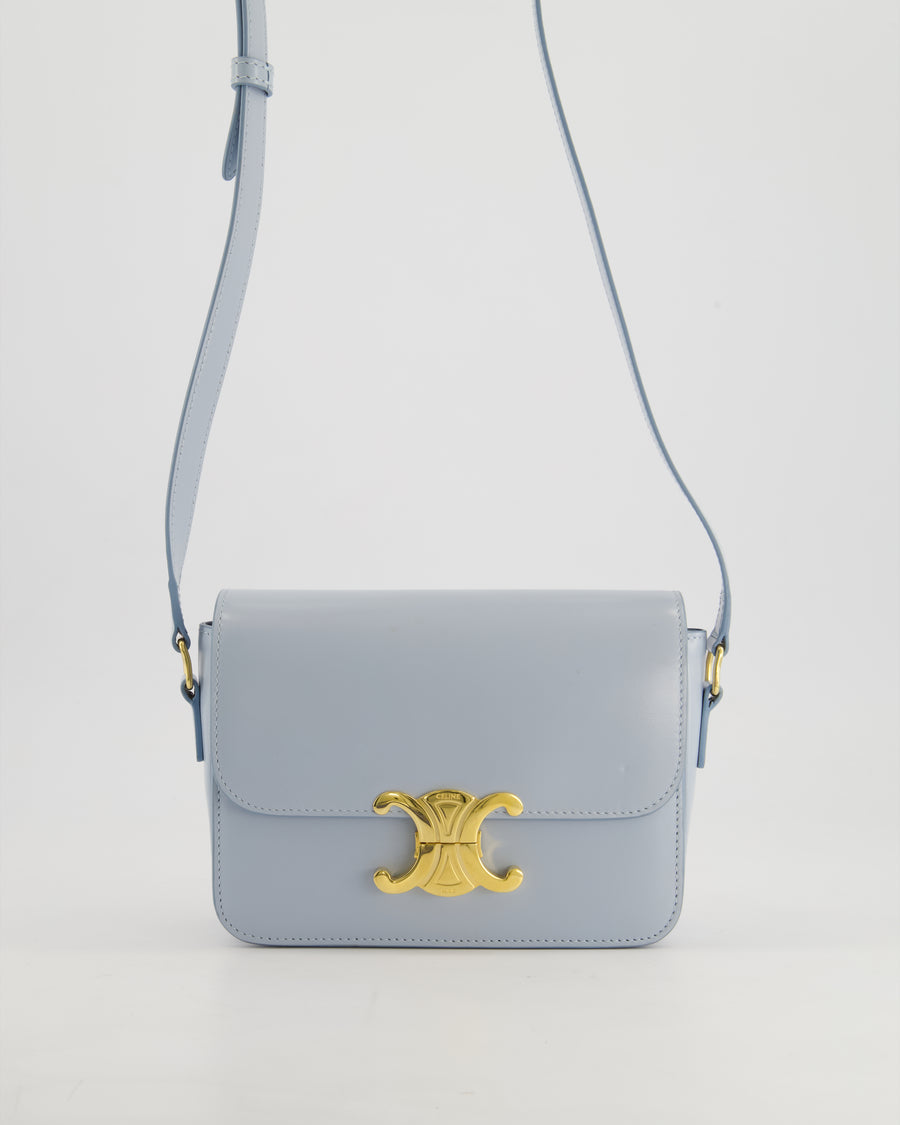 Celine Blue Teen Triomphe Bag in Shiny Calfskin Leather with Gold Hardware