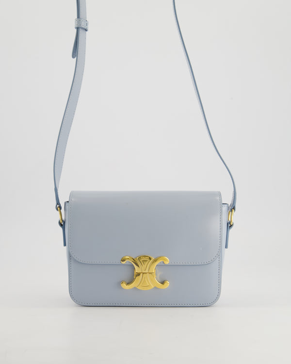 Celine Blue Teen Triomphe Bag in Shiny Calfskin Leather with Gold Hardware