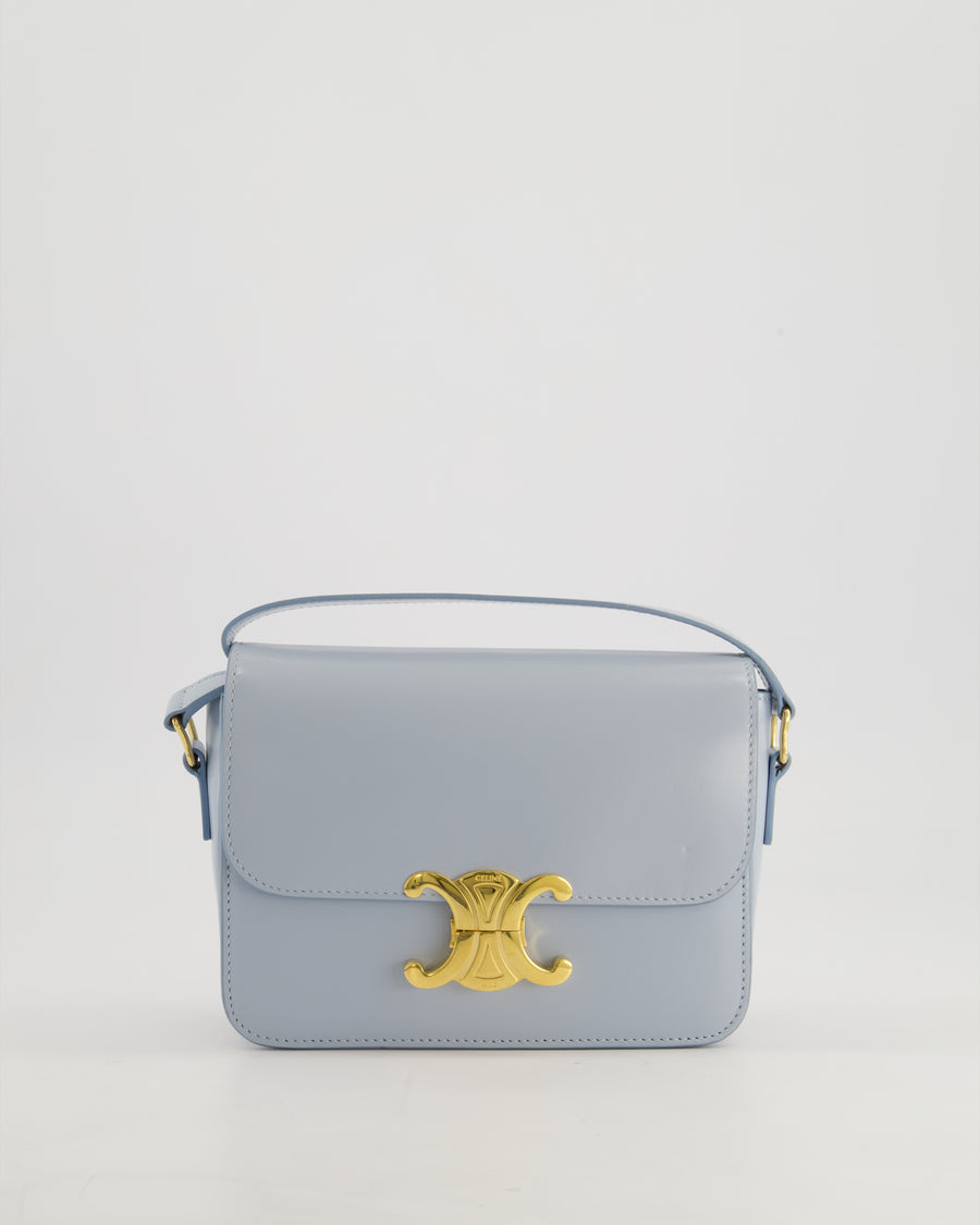 Celine Blue Teen Triomphe Bag in Shiny Calfskin Leather with Gold Hardware