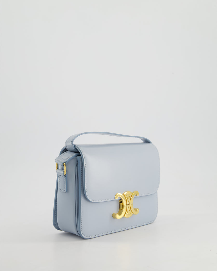 Celine Blue Teen Triomphe Bag in Shiny Calfskin Leather with Gold Hardware