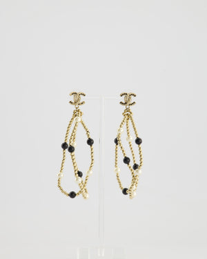 Chanel Champagne Gold CC Logo and Beaded Pendant Earrings